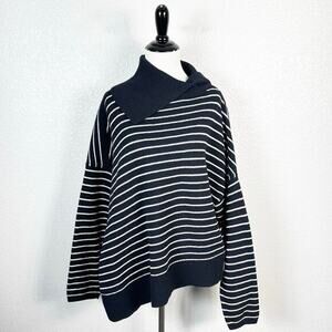 All Saints Maddie Oversized Roll Neck Wool Blend Striped Navy Blue‎ Sweater XS/S